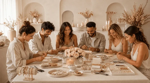 Groupe d'amis créant des bijoux autour d'une table