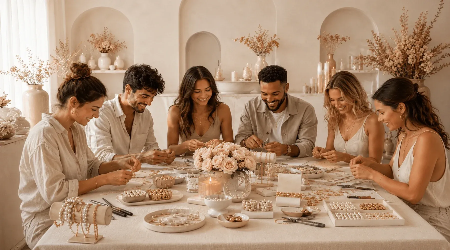 Groupe d'amis créant des bijoux autour d'une table lors d'un atelier bijoux d'anniversaire à Metz