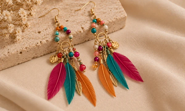 Boucles d'oreilles pendantes à plumes colorées et perles, bijou à réaliser en atelier bijoux à Metz