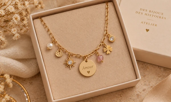 Collier à charms avec médaille gravée « Amour » dans son écrin, création d'atelier bijoux à Metz