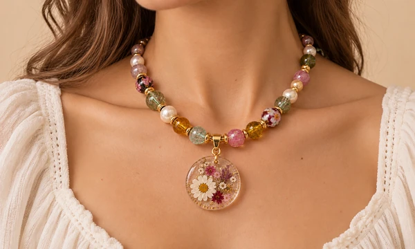 Collier de perles colorées porté, avec pendentif rond en résine et fleurs séchées, bijou à créer en atelier à Metz