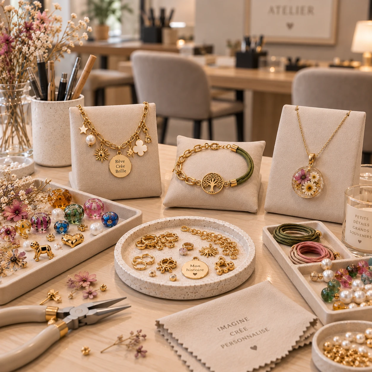 Colliers, bracelets et pendentifs personnalisés avec perles, charms et fleurs séchées, créations possibles lors d'un atelier bijoux en groupe à Metz