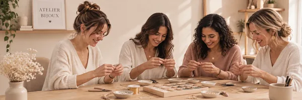 Participantes assemblant des bijoux en perles autour d'une table