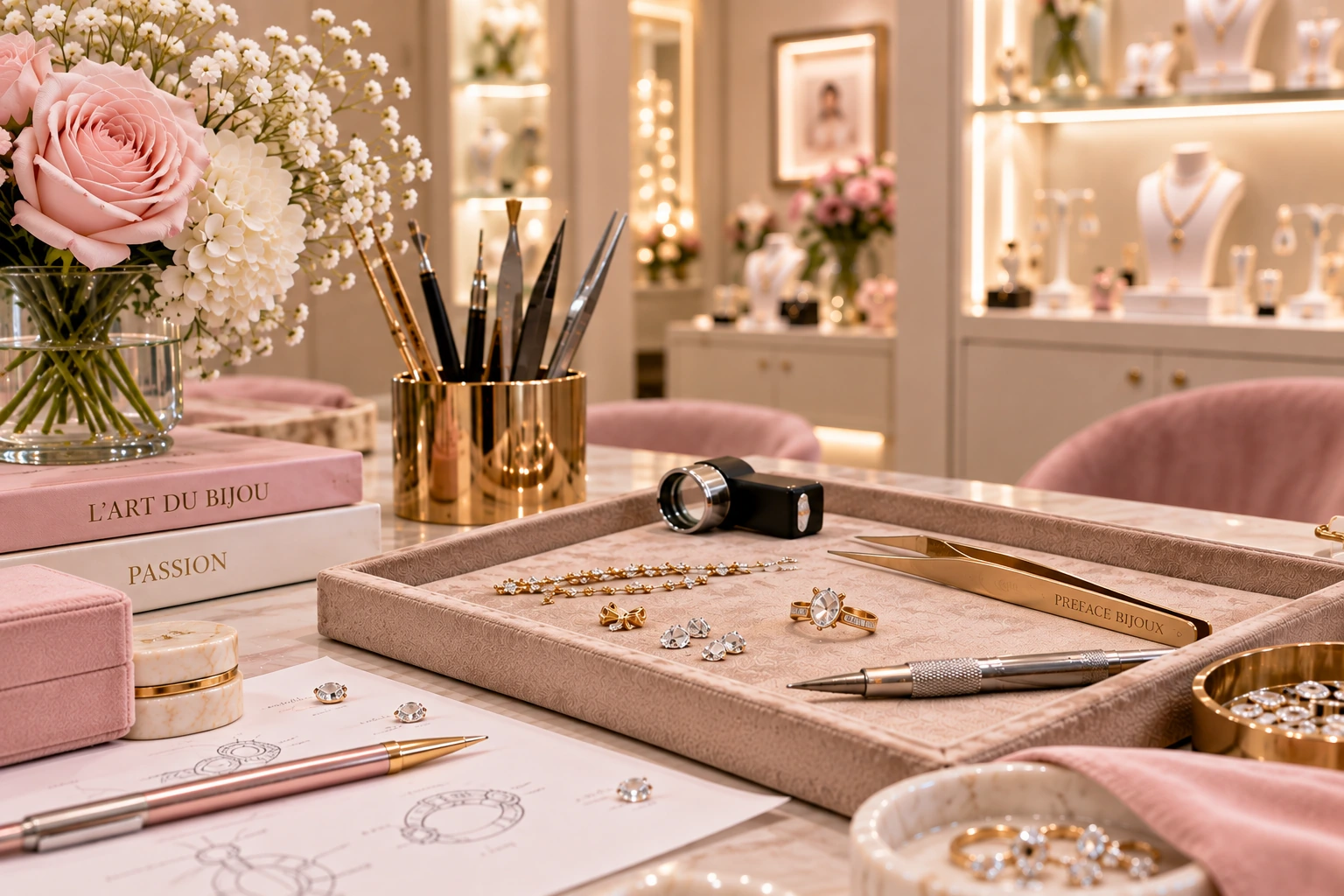 Plateau de création à l'atelier Preface Bijoux à Metz : croquis de bagues, pierres, bijoux en or et outils de bijoutier