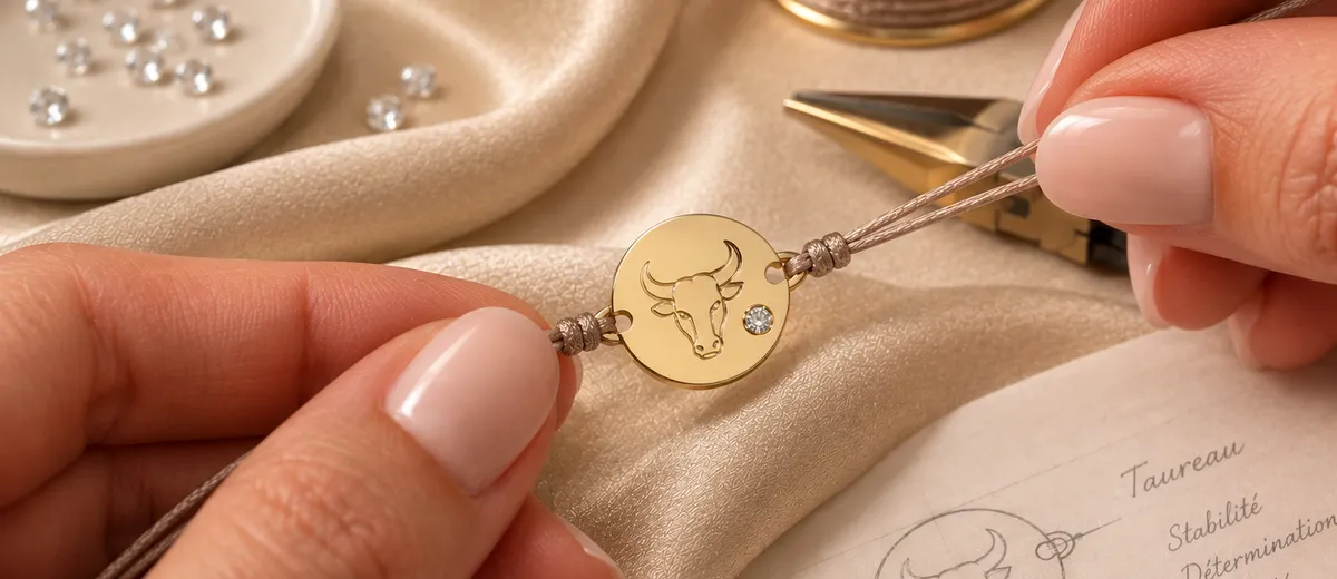 Bracelet cordon à médaille signe du taureau plaquée or, création sur-mesure à Metz