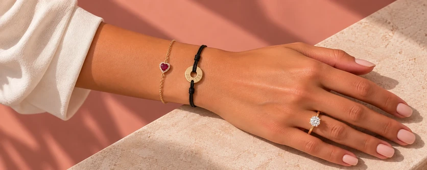 Main portant une bague solitaire et deux bracelets personnalisés, créations Preface Bijoux à Metz