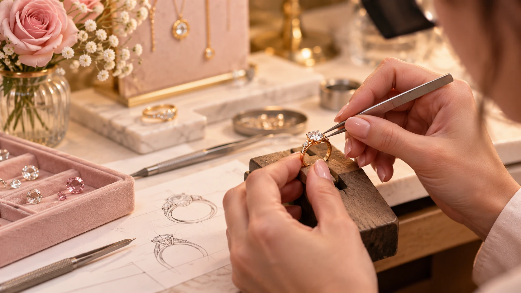 Sertissage à la pince d'une pierre sur une bague or rose sur-mesure, à côté du croquis, à l'atelier Preface Bijoux à Metz