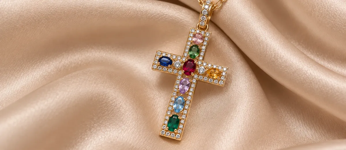 Pendentif croix en plaqué or serti de pierres de couleurs, création sur-mesure à Metz