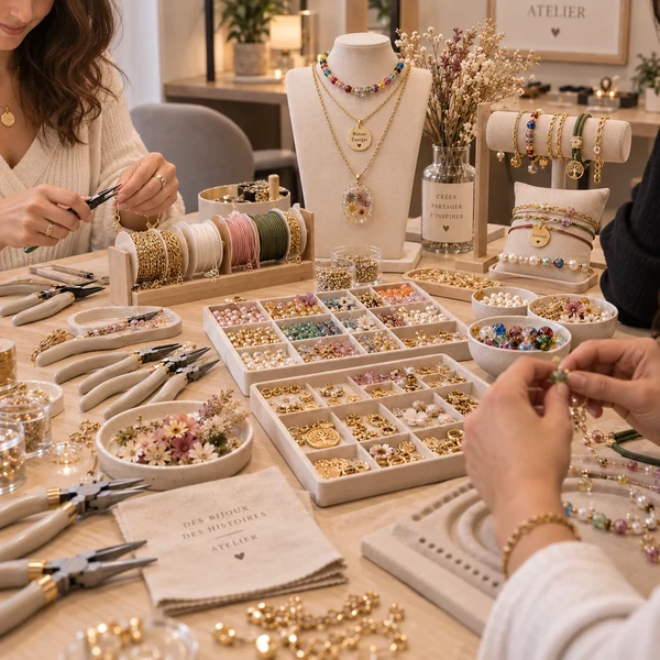 Participantes assemblant leurs bijoux autour d'une table garnie de perles