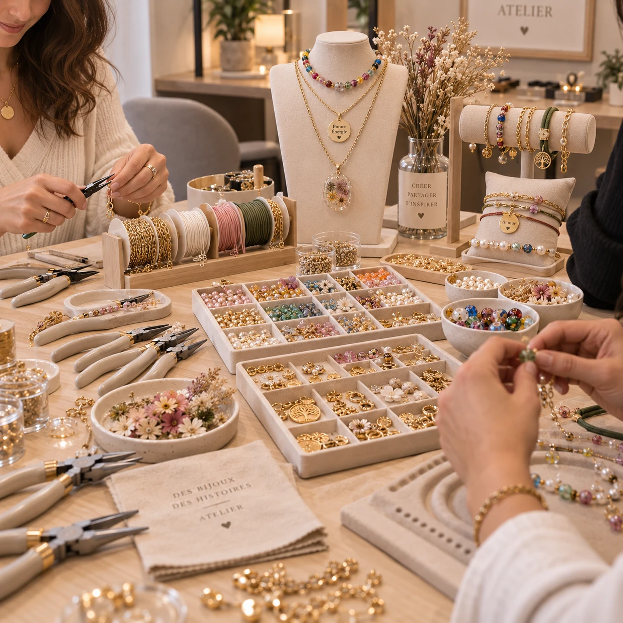 Participantes assemblant leurs bijoux autour d'une table garnie de perles, breloques et pinces pendant un atelier bijoux en groupe à Metz