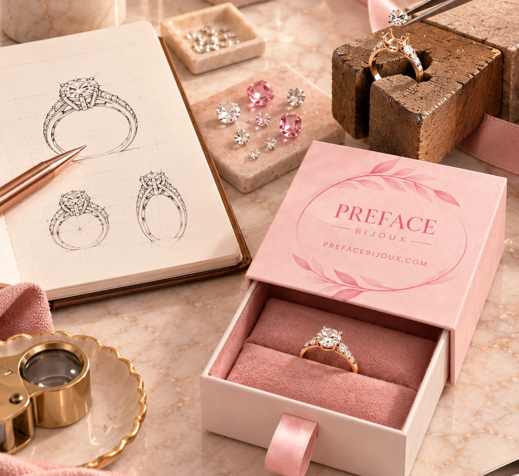 Les étapes d'une création sur-mesure : croquis de bague, pierres sélectionnées, sertissage et bague terminée dans son écrin Preface Bijoux, à Metz