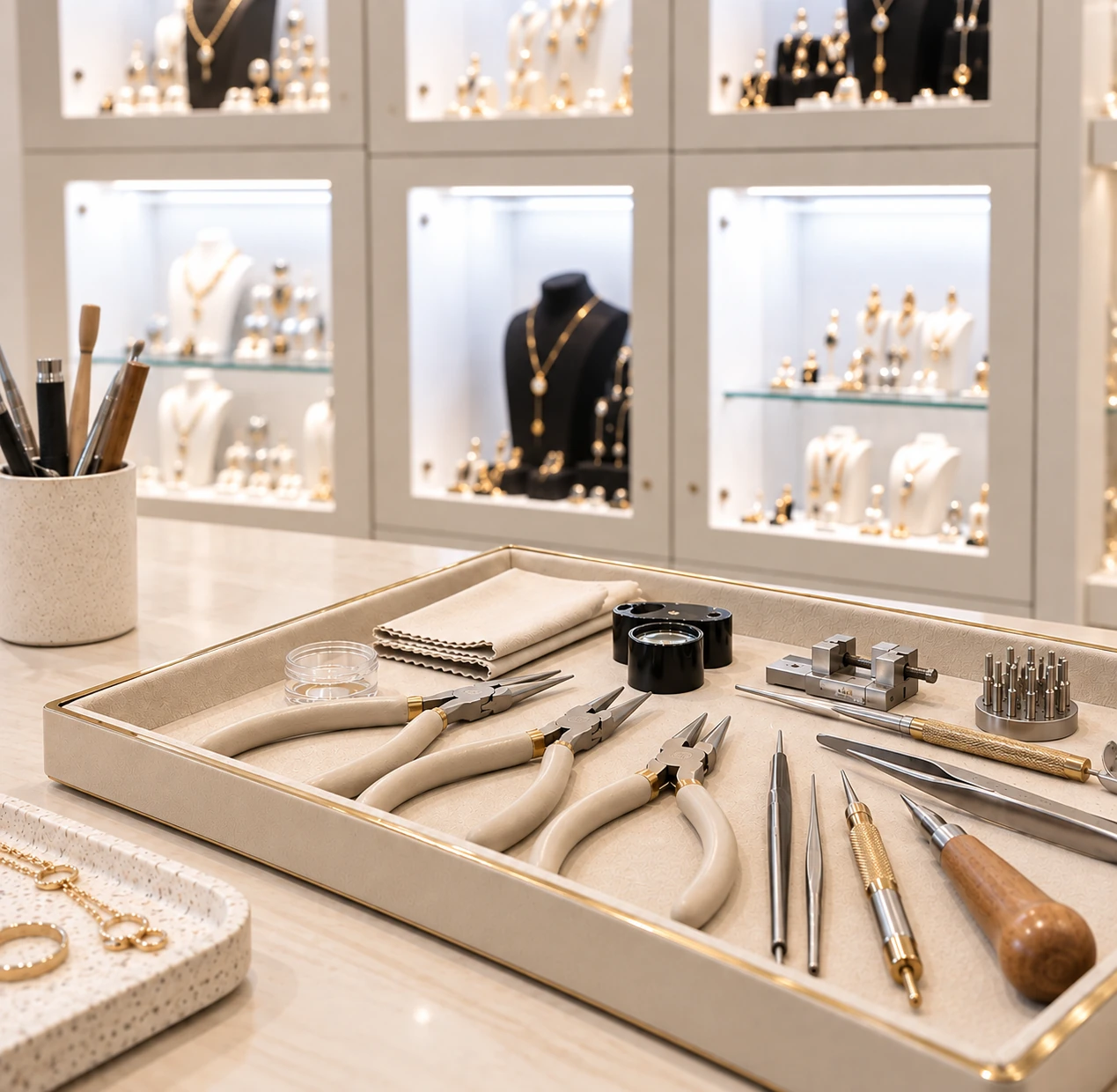 Plateau d'outils de bijoutier — pinces, loupe, étau, brunissoirs — devant les vitrines de la boutique Preface Bijoux à Metz