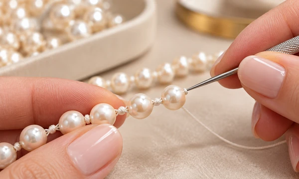 Enfilage d'un collier de perles avec nœuds à l'atelier de réparation Preface Bijoux à Metz