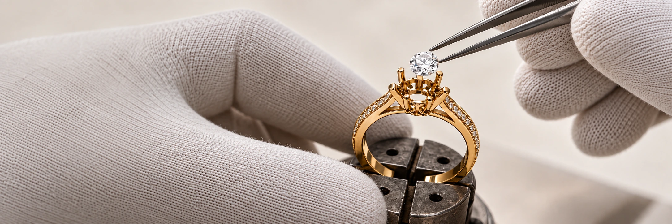 Sertissage d'un diamant sur une bague en or jaune à l'atelier Preface Bijoux à Metz