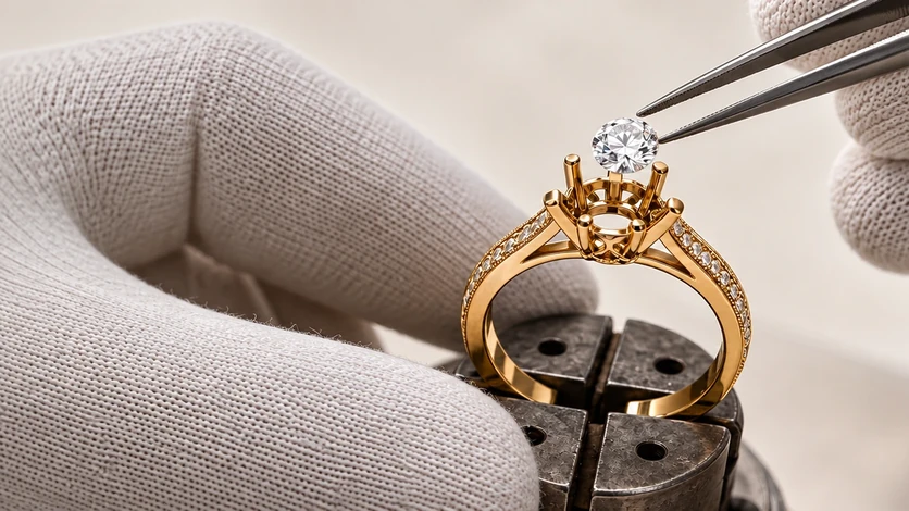 Pose d'une pierre à la pince sur les griffes d'une bague en or à l'atelier Preface Bijoux à Metz